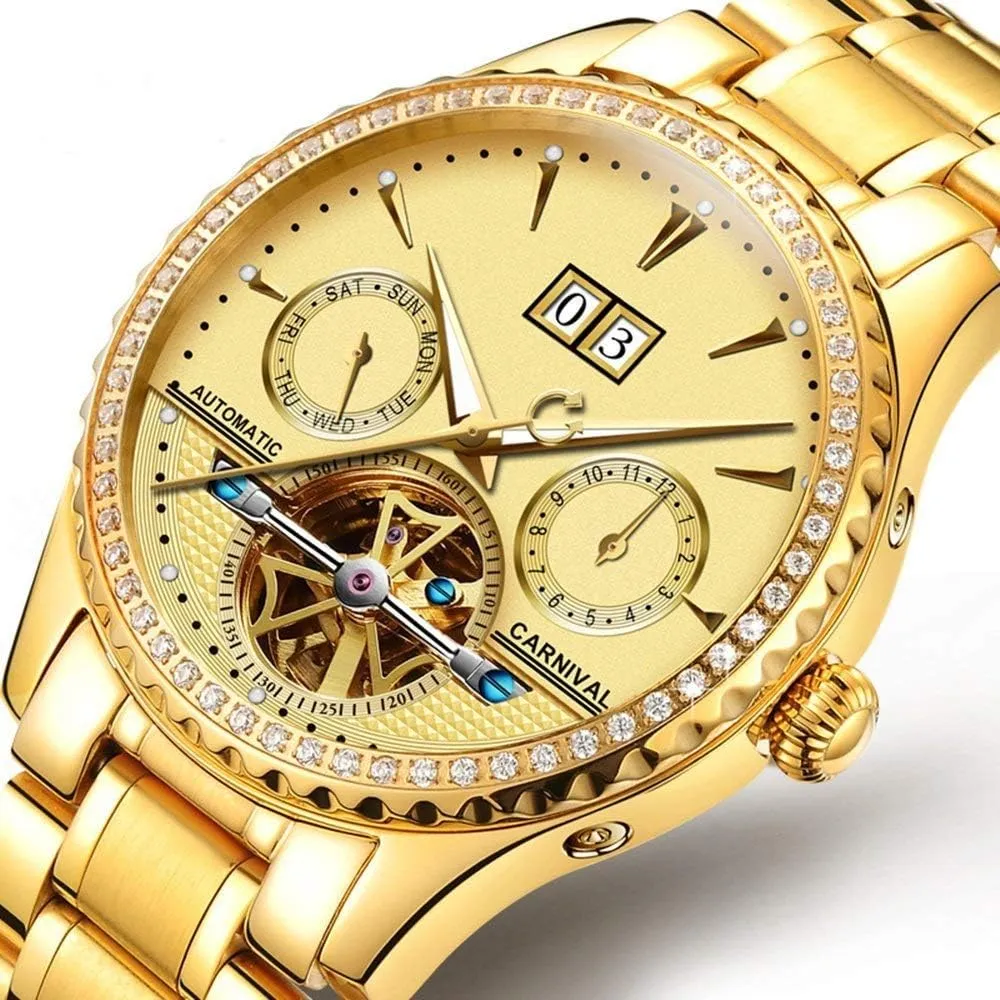 Skeleton Watch MASTOP Men's Automatic Watches cerebral Crystals Bezel with Luminous Dial Gold - Plated Stainless Steel 