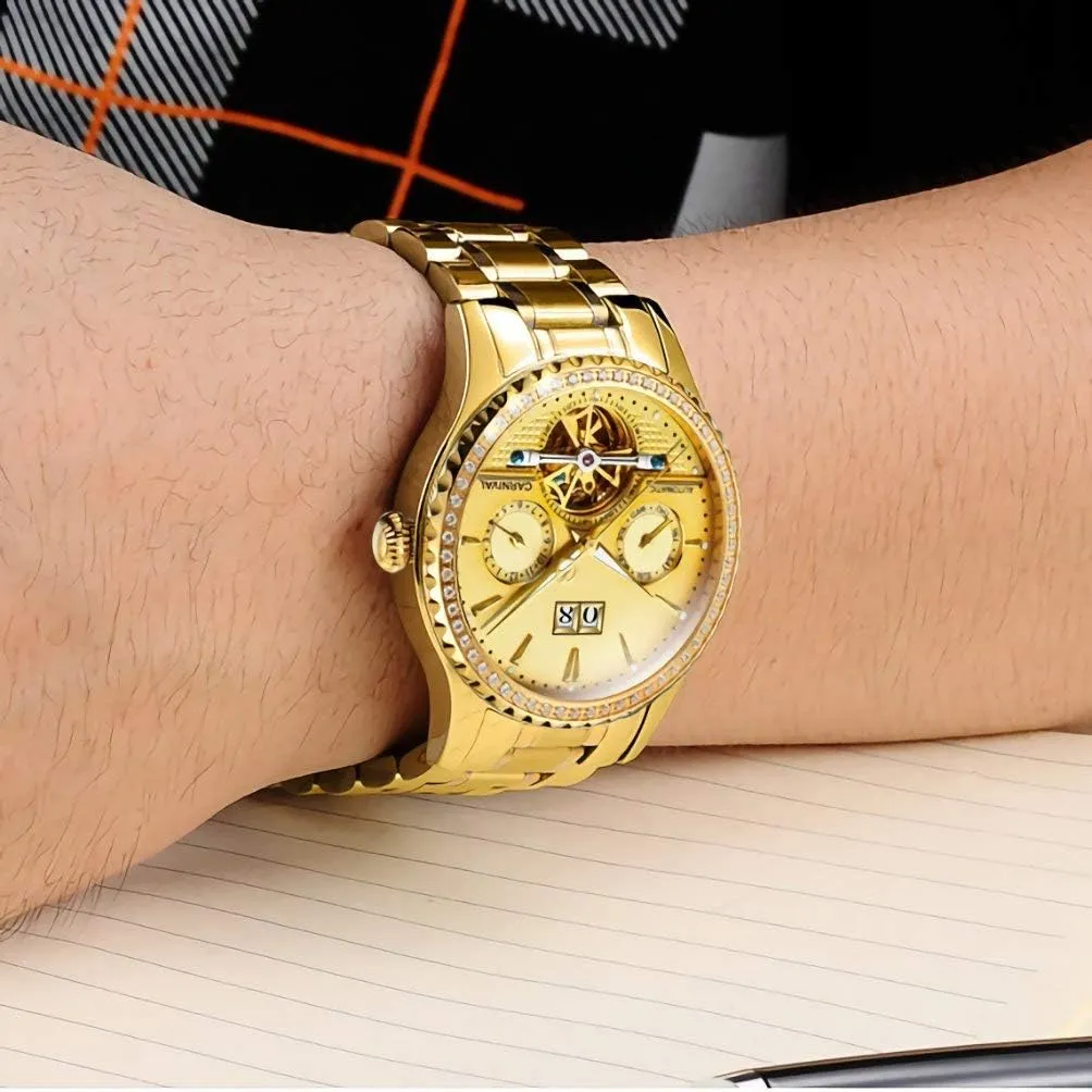 Skeleton Watch MASTOP Men's Automatic Watches cerebral Crystals Bezel with Luminous Dial Gold - Plated Stainless Steel 