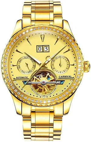 Skeleton Watch MASTOP Men's Automatic Watches cerebral Crystals Bezel with Luminous Dial Gold - Plated Stainless Steel 