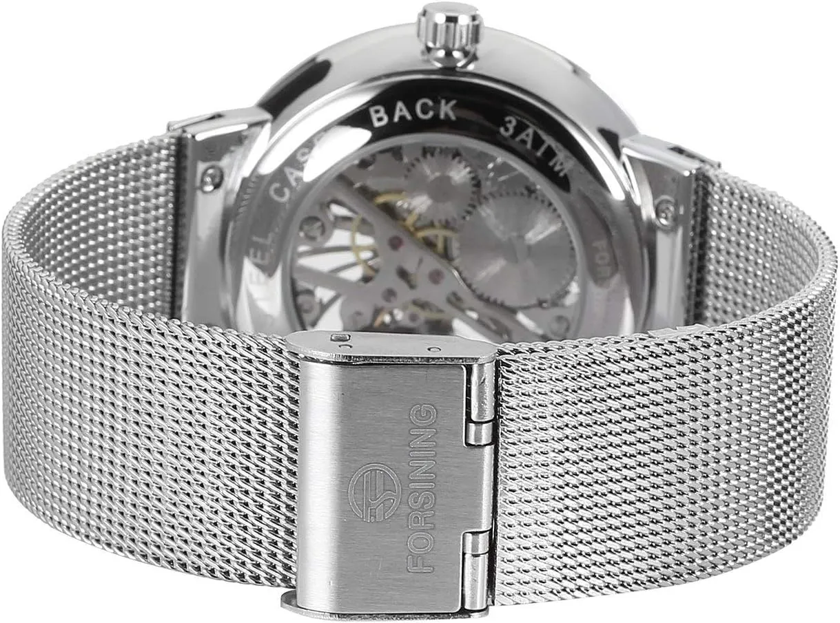 Skeleton Watch Mechanical Stainless Steel Mesh Band Waterproof Luminous Wrist Watch MASTOP Mens undergraduate Unique 