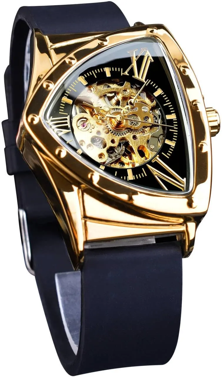 Skeleton Watches for Men, Automatic Mechanical Watch with stocky Triangle Dial, Luminous Self Winding Watches Soft Silicone Strap FORSINING 