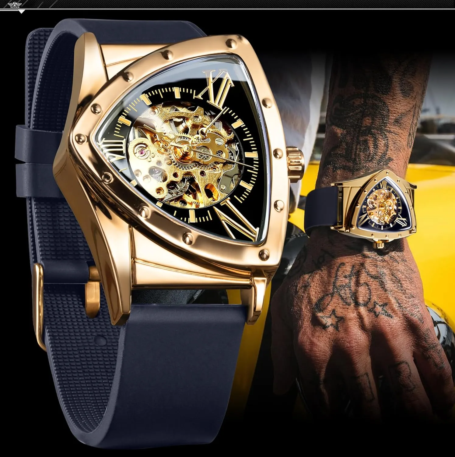 Skeleton Watches for Men, Automatic Mechanical Watch with stocky Triangle Dial, Luminous Self Winding Watches Soft Silicone Strap FORSINING 