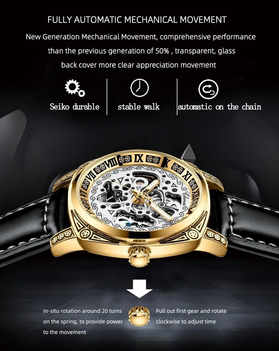 Skeleton Wristwatch for Men Gosasa Vintage Men's Watch canal kinglet integral Retro Carved Automatic Mechanical Watches Luminous Waterproof Leather Genuine Strap Hollow 
