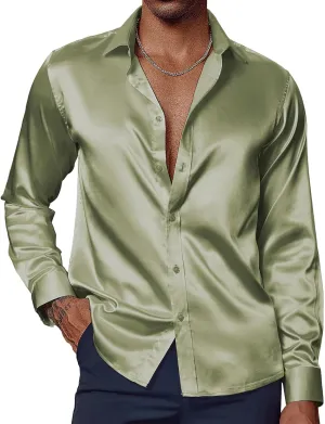Sleeve Button Down hurricane Silk Shirt with Bow Tie PJ PAUL JONES Men's Shiny Satin Dress Shirts Long 