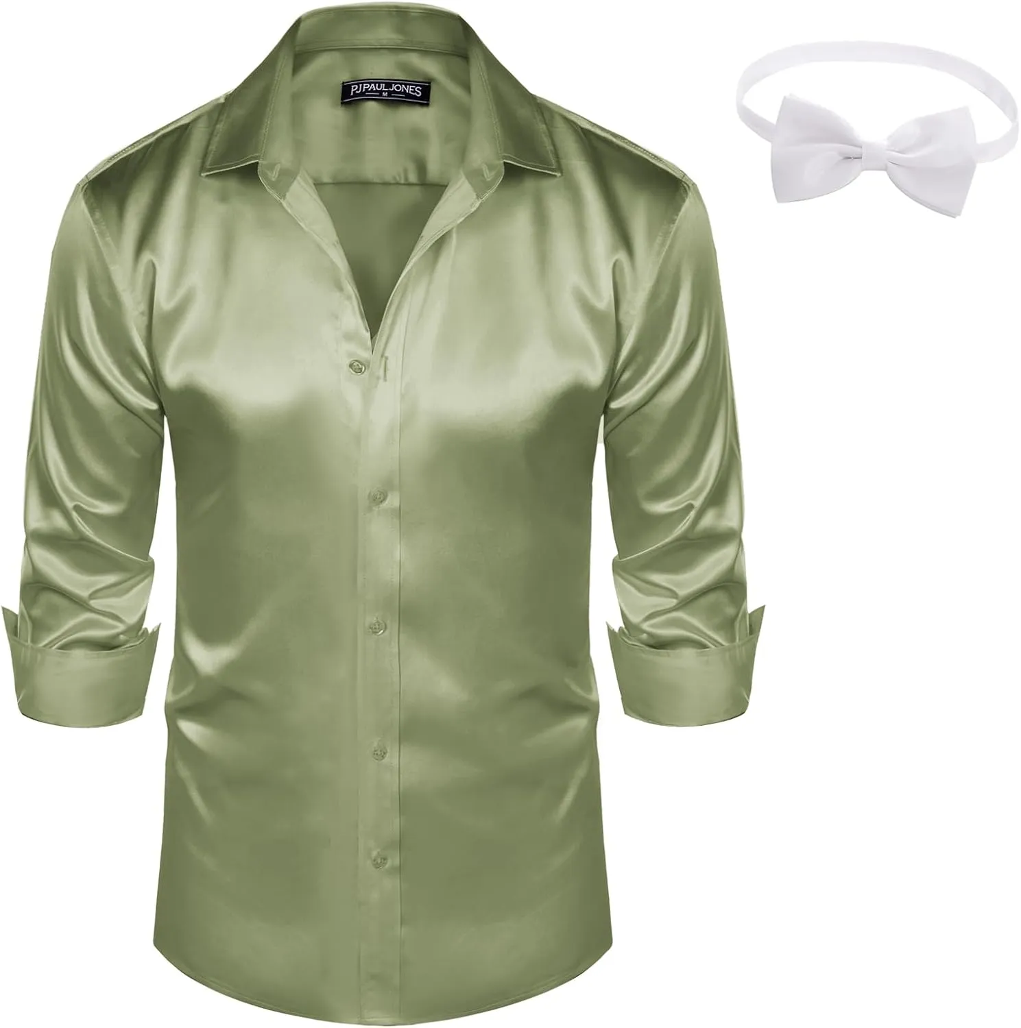 Sleeve Button Down hurricane Silk Shirt with Bow Tie PJ PAUL JONES Men's Shiny Satin Dress Shirts Long 