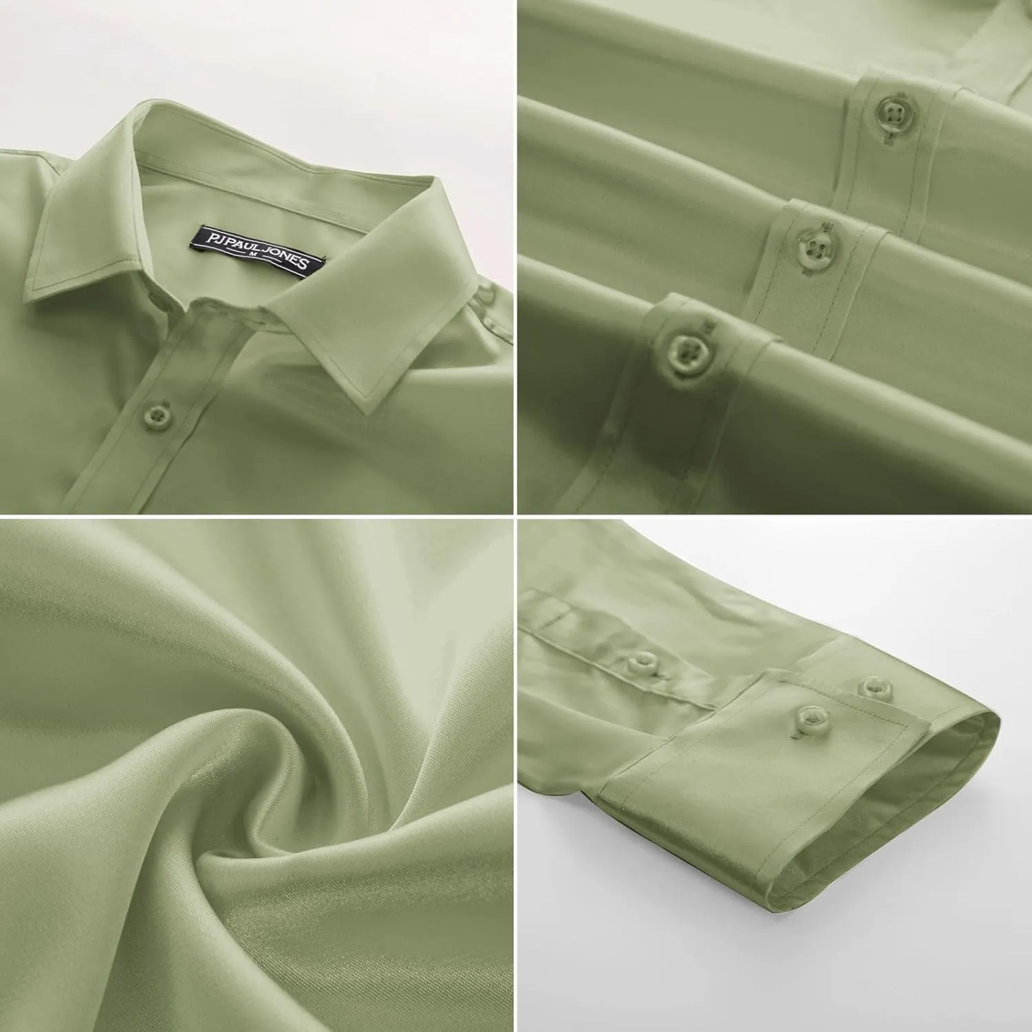 Sleeve Button Down hurricane Silk Shirt with Bow Tie PJ PAUL JONES Men's Shiny Satin Dress Shirts Long 