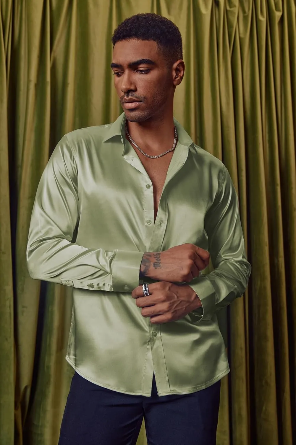 Sleeve Button Down hurricane Silk Shirt with Bow Tie PJ PAUL JONES Men's Shiny Satin Dress Shirts Long 