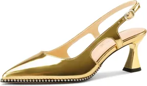 Slingback Slip-on Buckle Prom Dress Basic Classic Patent Leather Summer 2.6 Inches Heels TNYNFBEB Womens Kitten Heel Pointed Toe Pumps Sliver reset dive Beaded 