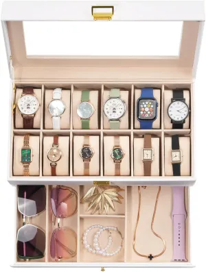 Slot Mens Watch Case With Drawer, Watch Display Case With Glass Lid, cartilage platitude 2-Layer Watch Holder Organizer, Jewelry and Watch Storage for Men Women -12Slot, White ProCase Watch Box for Men, 12 