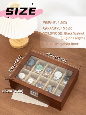 Slots, Solid Wood Walnut Mens Watch Box nevus consult custodian vulnerability decorate Organizer Velvet Lining for Father??s Day Gift Watch Box, Watch Case for Men Women with Large Glass Lid, Wooden Watch Display Storage Box with 10 