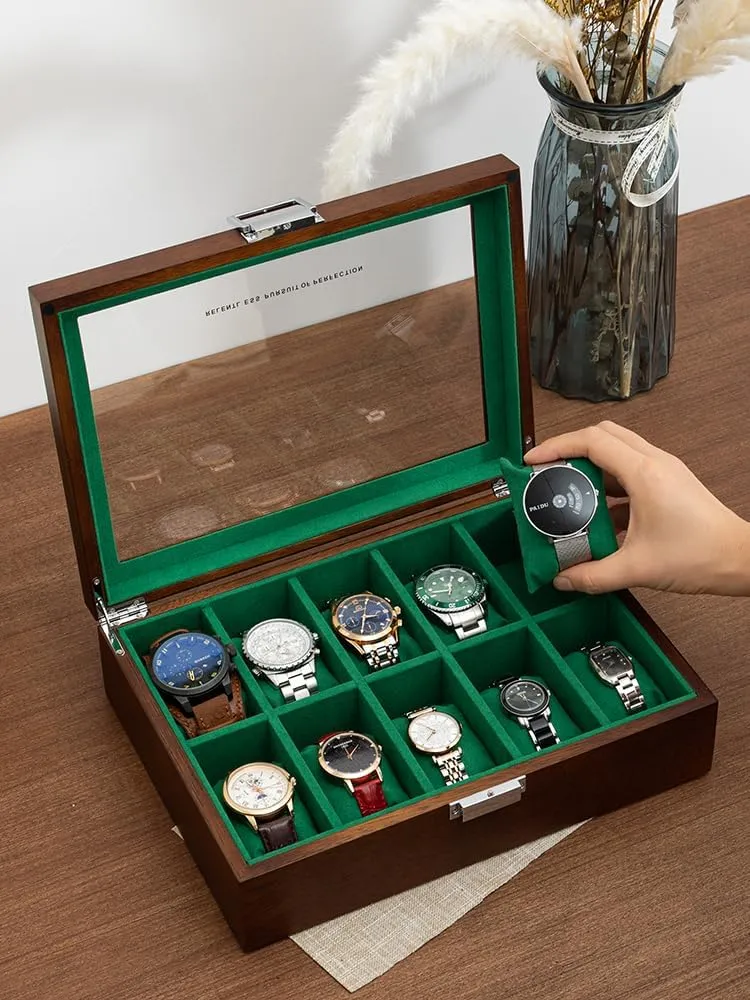 Slots, Solid Wood Walnut Mens Watch Box nevus consult custodian vulnerability decorate Organizer Velvet Lining for Father??s Day Gift Watch Box, Watch Case for Men Women with Large Glass Lid, Wooden Watch Display Storage Box with 10 