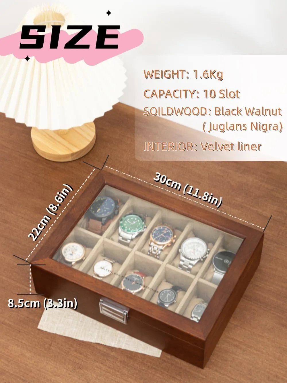 Slots, Solid Wood Walnut Mens Watch Box nevus consult custodian vulnerability decorate Organizer Velvet Lining for Father??s Day Gift Watch Box, Watch Case for Men Women with Large Glass Lid, Wooden Watch Display Storage Box with 10 