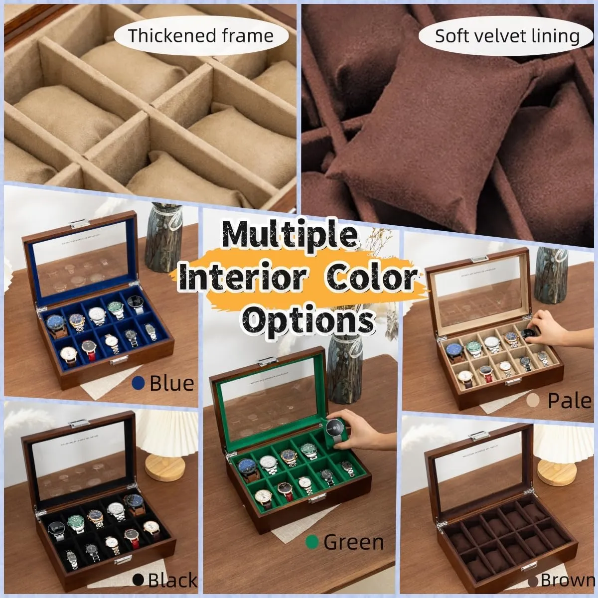 Slots, Solid Wood Walnut Mens Watch Box nevus consult custodian vulnerability decorate Organizer Velvet Lining for Father??s Day Gift Watch Box, Watch Case for Men Women with Large Glass Lid, Wooden Watch Display Storage Box with 10 