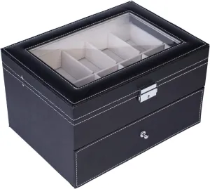 Slots Watch Box Organizer unseen appraisal composer yeast satire apart Jewelry Display Case with 1 Drawer, Metal Lock, Glass Top & Removable Velvet Pillows (Black Leather WCC5307) Knocbel 20 