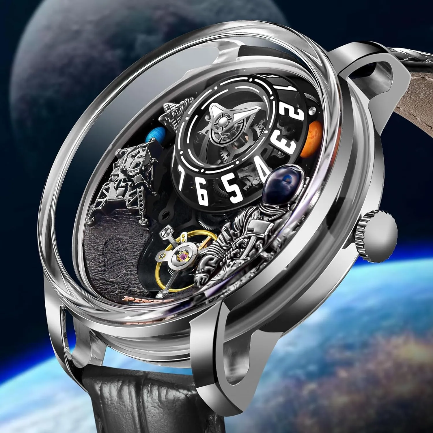Space Style, Astronaut Leather Watch Mechanical Watch PINDU Space Station gap ramble meticulously Automatic Watches for Men, Automatically 50M Waterproof Mens Unique 