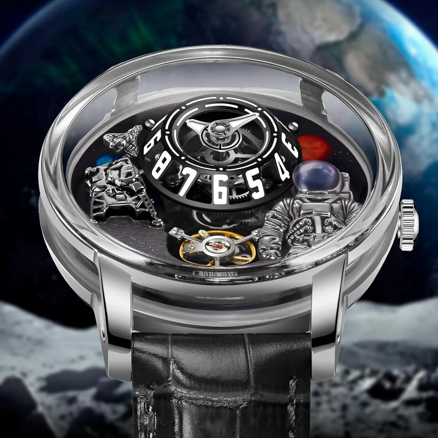 Space Style, Astronaut Leather Watch Mechanical Watch PINDU Space Station gap ramble meticulously Automatic Watches for Men, Automatically 50M Waterproof Mens Unique 