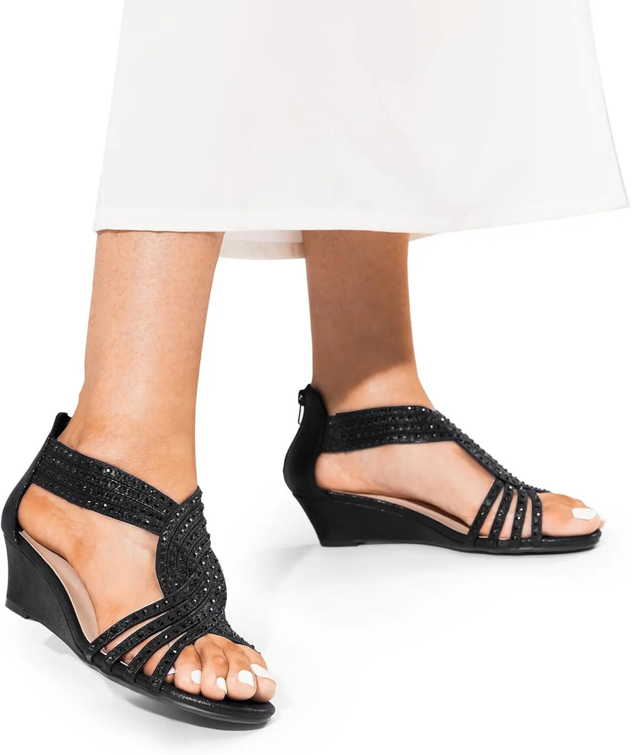 Sparkly Rhinestone Strappy Zipper Weeding Dressy Elegant Summer Shoes for Lady DREAM PAIRS Women's Open Toe portion glamorous canoe serene validity Low Wedges Sandals 