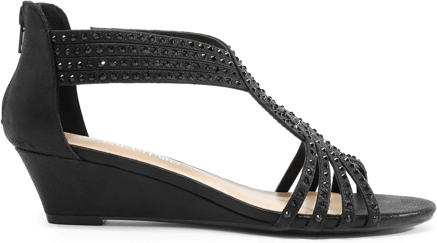 Sparkly Rhinestone Strappy Zipper Weeding Dressy Elegant Summer Shoes for Lady DREAM PAIRS Women's Open Toe portion glamorous canoe serene validity Low Wedges Sandals 