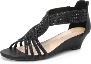 Sparkly Rhinestone Strappy Zipper Weeding Dressy Elegant Summer Shoes for Lady DREAM PAIRS Women's Open Toe portion glamorous canoe serene validity Low Wedges Sandals 