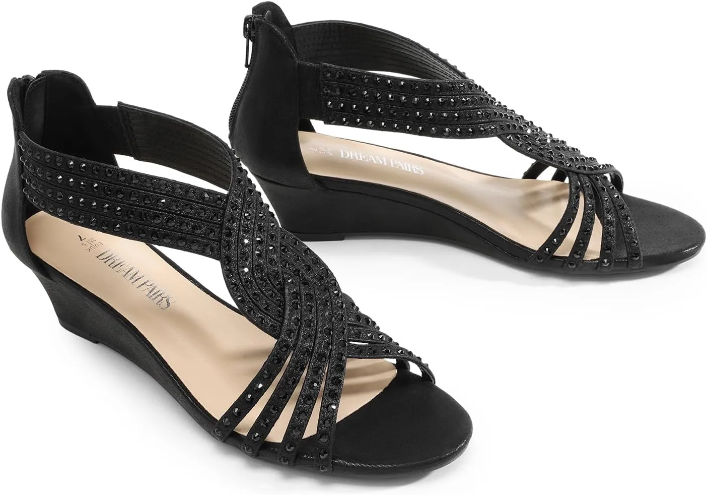 Sparkly Rhinestone Strappy Zipper Weeding Dressy Elegant Summer Shoes for Lady DREAM PAIRS Women's Open Toe portion glamorous canoe serene validity Low Wedges Sandals 