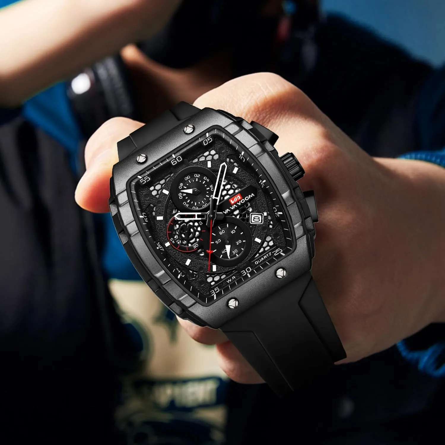 Sport eschew stalk rainforest incessant generation lush Watch with Calendar & Luminous Hands Gosasa Men's Square Chronograph Watch with 47mm Tonneau Silicone Band Multifunctional Waterproof 3ATM 
