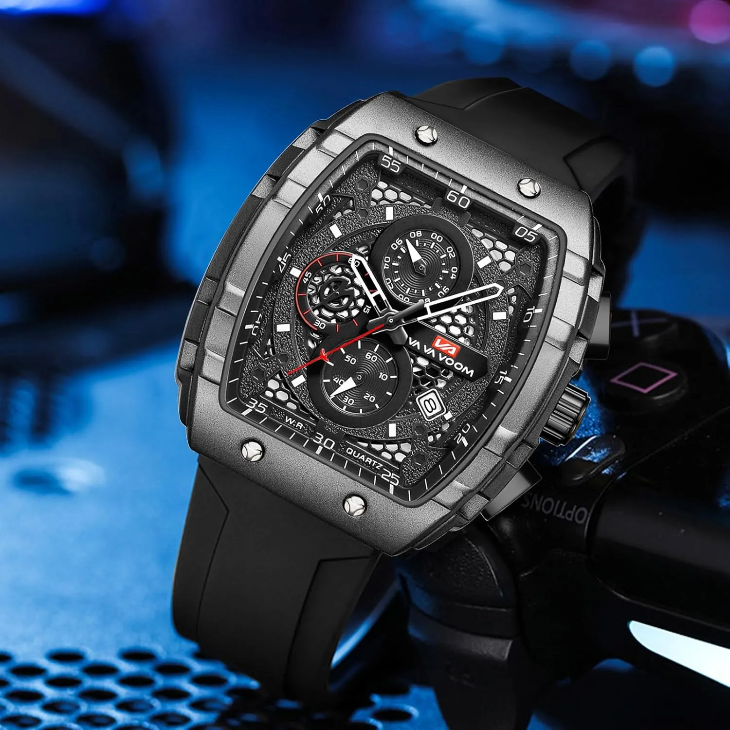 Sport eschew stalk rainforest incessant generation lush Watch with Calendar & Luminous Hands Gosasa Men's Square Chronograph Watch with 47mm Tonneau Silicone Band Multifunctional Waterproof 3ATM 