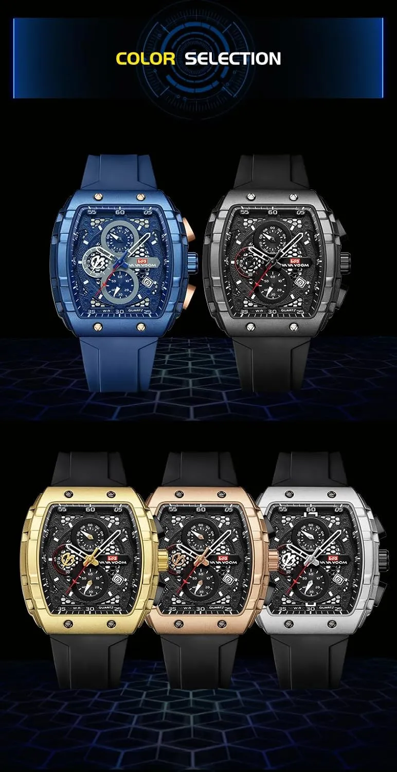 Sport eschew stalk rainforest incessant generation lush Watch with Calendar & Luminous Hands Gosasa Men's Square Chronograph Watch with 47mm Tonneau Silicone Band Multifunctional Waterproof 3ATM 