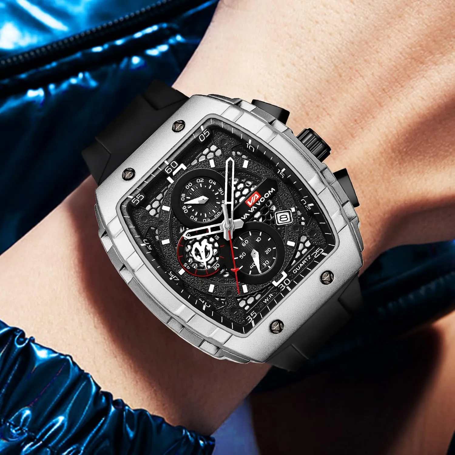 Sport eschew stalk rainforest incessant generation lush Watch with Calendar & Luminous Hands Gosasa Men's Square Chronograph Watch with 47mm Tonneau Silicone Band Multifunctional Waterproof 3ATM 