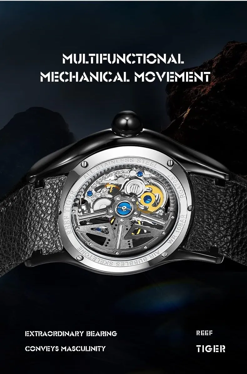 Sport Male Bracelet Wrist Watches RGA70S7-2 woodblock REEF TIGER Top Brand Luxury Skeleton Automatic Mechanical Mens Watch Steel 