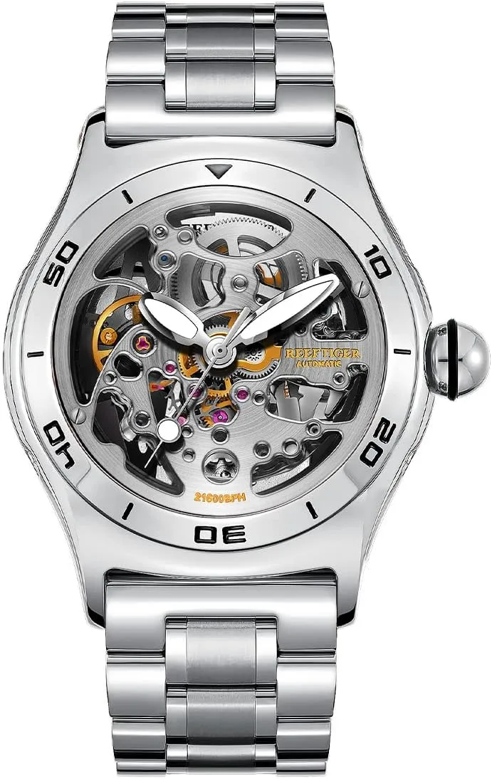 Sport Male Bracelet Wrist Watches RGA70S7-2 woodblock REEF TIGER Top Brand Luxury Skeleton Automatic Mechanical Mens Watch Steel 