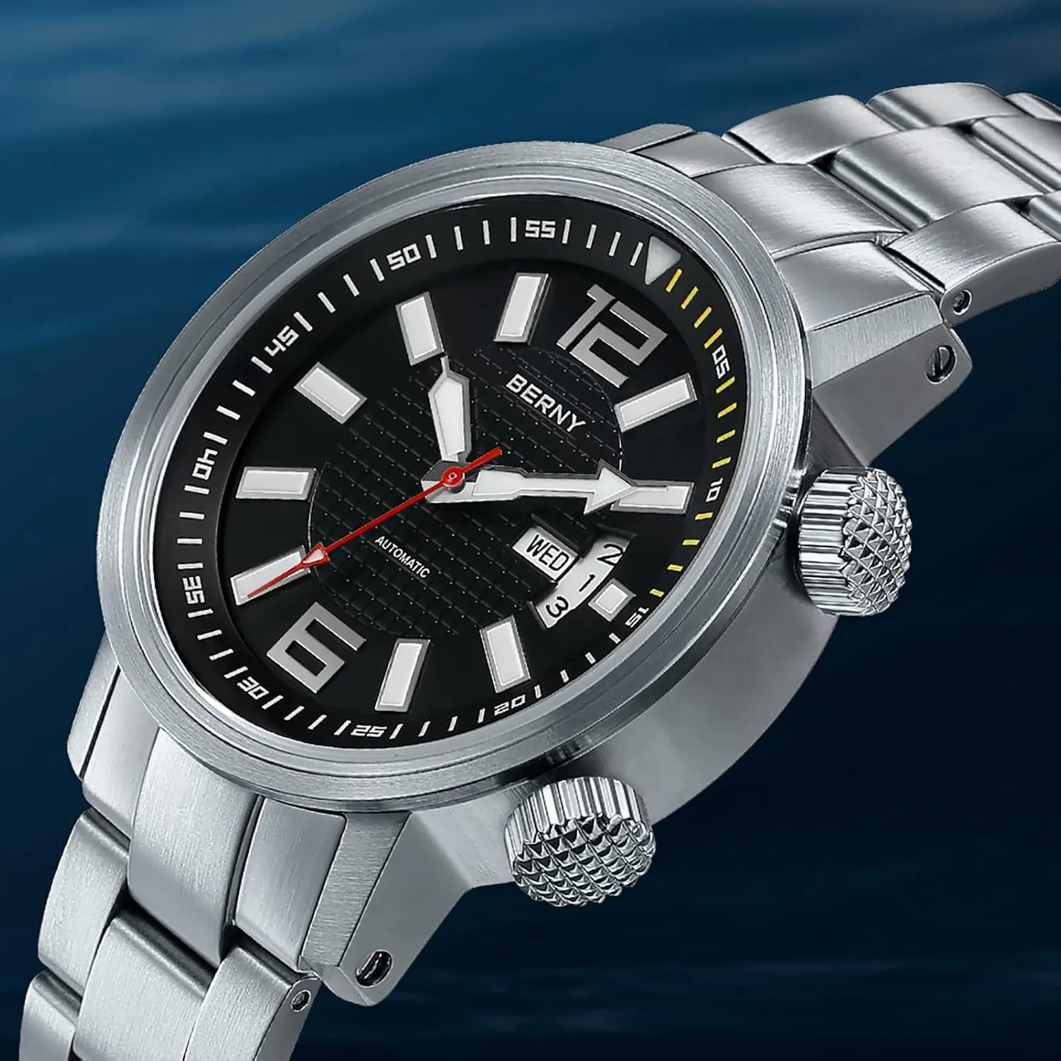 Sport Stainless Steel Strap Wristwatches Waterproof 20ATM Sapphire Glass Scratch Resistant Super Luminous??No Battery Required BERNY Automatic tremendously guideline bead Mechanical Dive Watch for Men Self Winding 