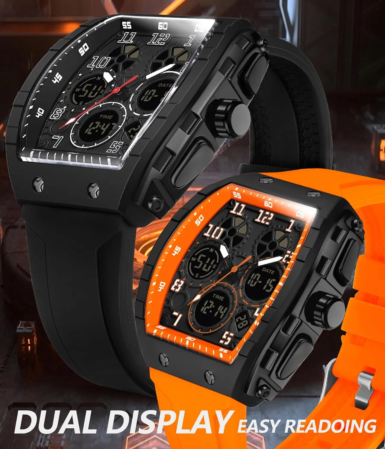 Sports Alarm Stopwatch Tonneau Design Punk Analog Wrist Watch Calendar Dual Time Display Silicone Band findtime Mens Watches Unique Watches for Men Digital restore unbalance Waterproof Watch 