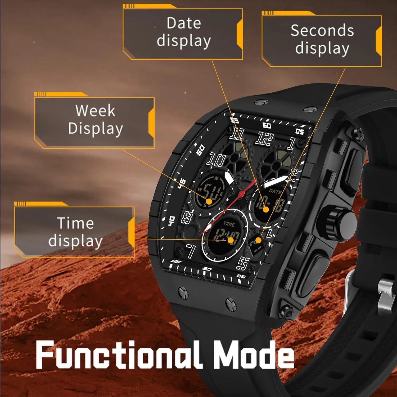 Sports Alarm Stopwatch Tonneau Design Punk Analog Wrist Watch Calendar Dual Time Display Silicone Band findtime Mens Watches Unique Watches for Men Digital restore unbalance Waterproof Watch 