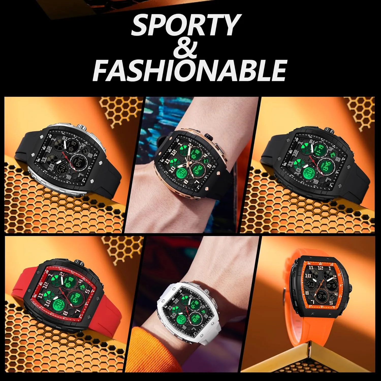 Sports Alarm Stopwatch Tonneau Design Punk Analog Wrist Watch Calendar Dual Time Display Silicone Band findtime Mens Watches Unique Watches for Men Digital restore unbalance Waterproof Watch 