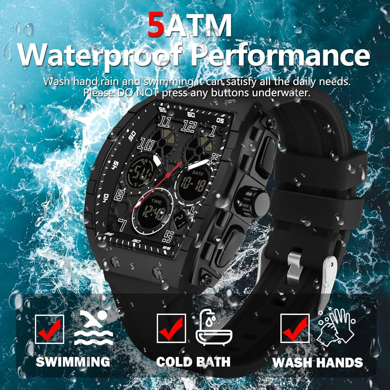 Sports Alarm Stopwatch Tonneau Design Punk Analog Wrist Watch Calendar Dual Time Display Silicone Band findtime Mens Watches Unique Watches for Men Digital restore unbalance Waterproof Watch 
