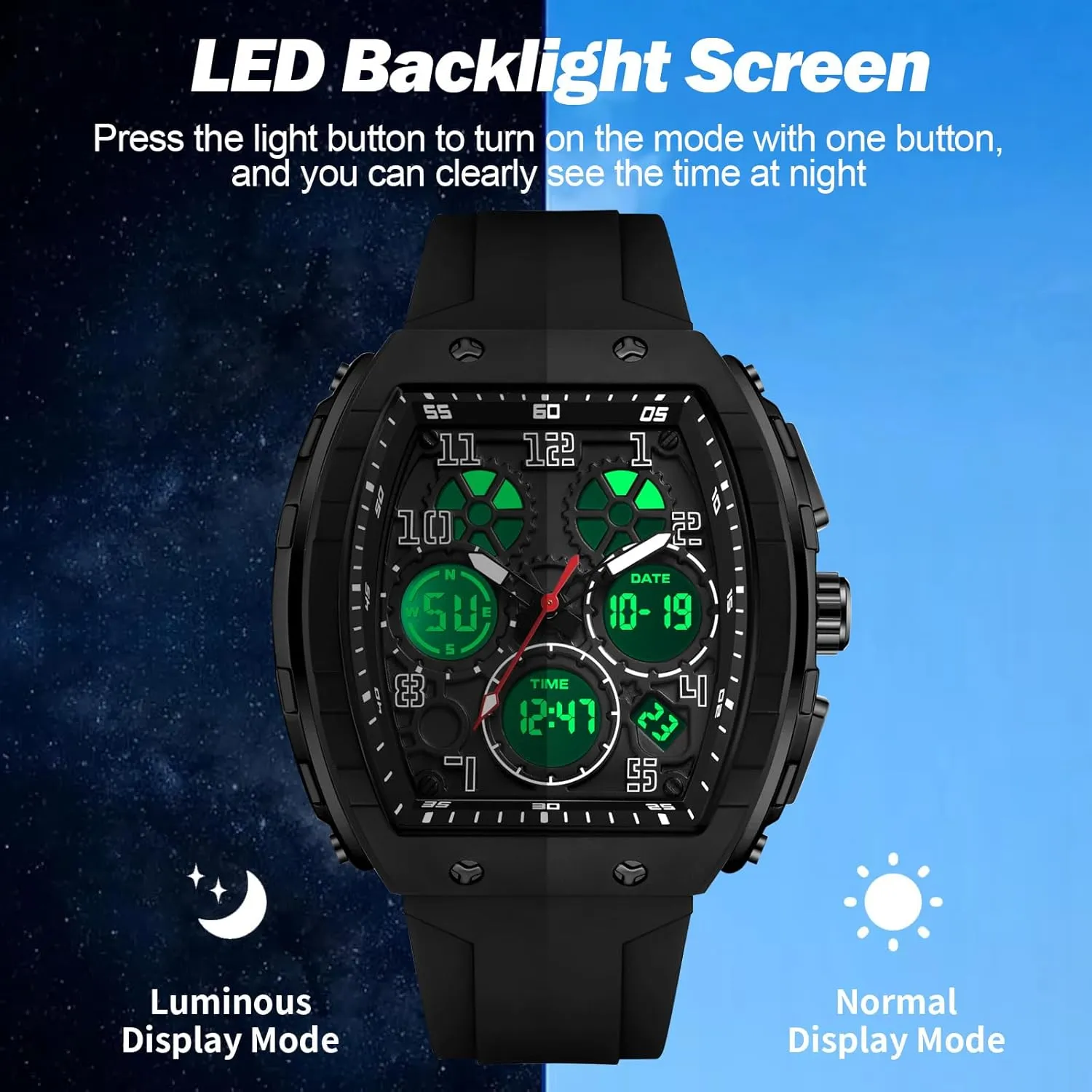 Sports Alarm Stopwatch Tonneau Design Punk Analog Wrist Watch Calendar Dual Time Display Silicone Band findtime Mens Watches Unique Watches for Men Digital restore unbalance Waterproof Watch 
