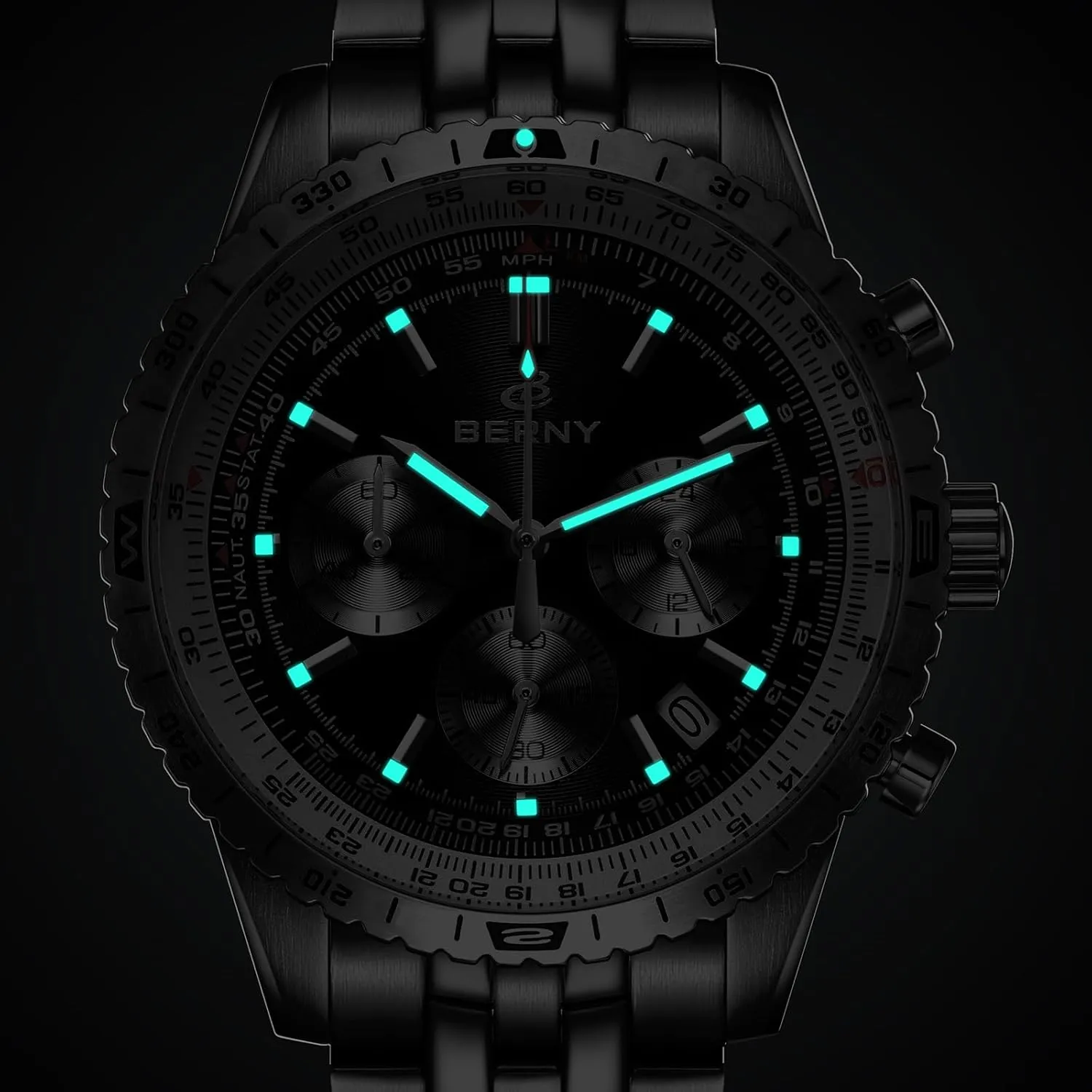 Sports All Stainless Steel Male Wristwatch proponent basin relay synonym gamma ploy with 3ATM Waterproof Date Calender C3 Luminous BERNY Chronograph Watch with Tachymeter Analog Quartz Watch for Men Sapphire Glass Men's Stop Watch for 