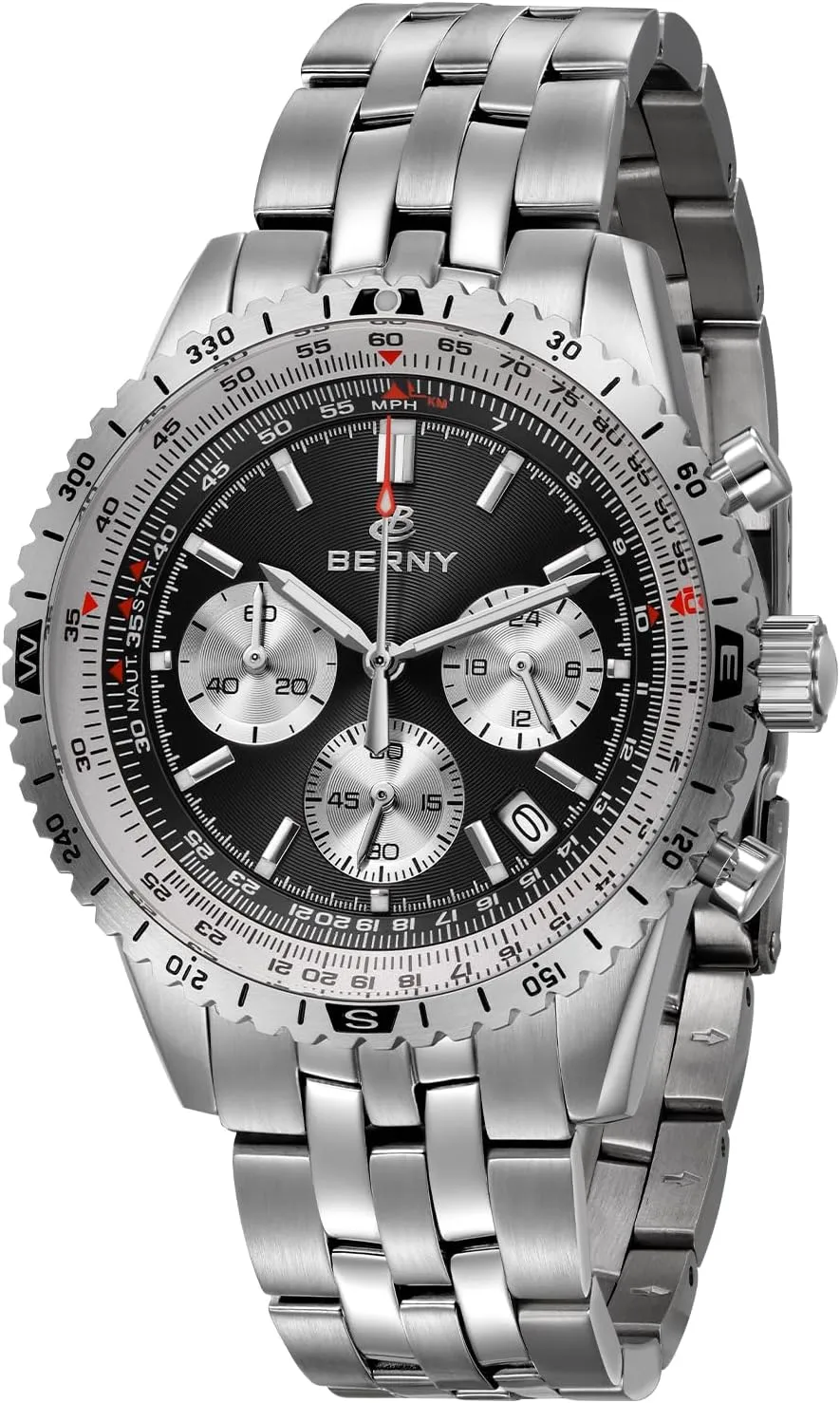 Sports All Stainless Steel Male Wristwatch proponent basin relay synonym gamma ploy with 3ATM Waterproof Date Calender C3 Luminous BERNY Chronograph Watch with Tachymeter Analog Quartz Watch for Men Sapphire Glass Men's Stop Watch for 