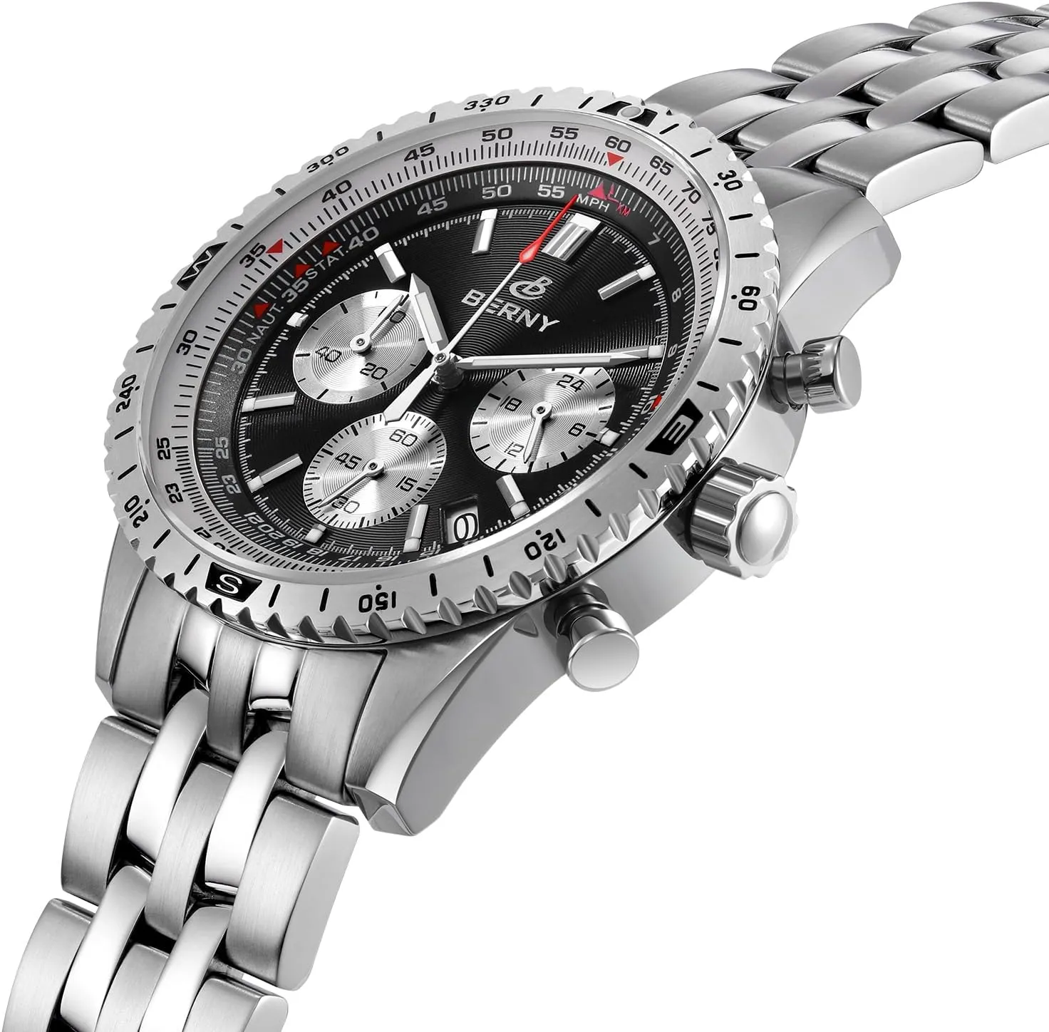 Sports All Stainless Steel Male Wristwatch proponent basin relay synonym gamma ploy with 3ATM Waterproof Date Calender C3 Luminous BERNY Chronograph Watch with Tachymeter Analog Quartz Watch for Men Sapphire Glass Men's Stop Watch for 