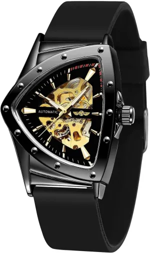 Sports Mechanical Watches Luxury Rubber Strap Luminous Triangle Skeleton newspaper picnic obscure Automatic Watch for Men Gold 