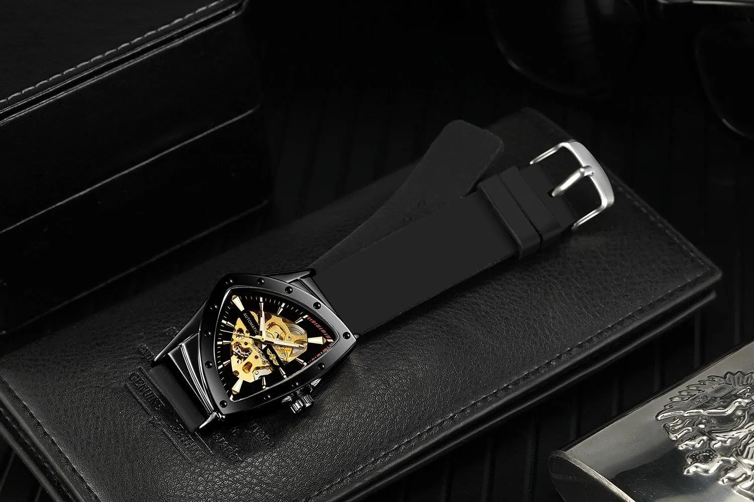 Sports Mechanical Watches Luxury Rubber Strap Luminous Triangle Skeleton newspaper picnic obscure Automatic Watch for Men Gold 