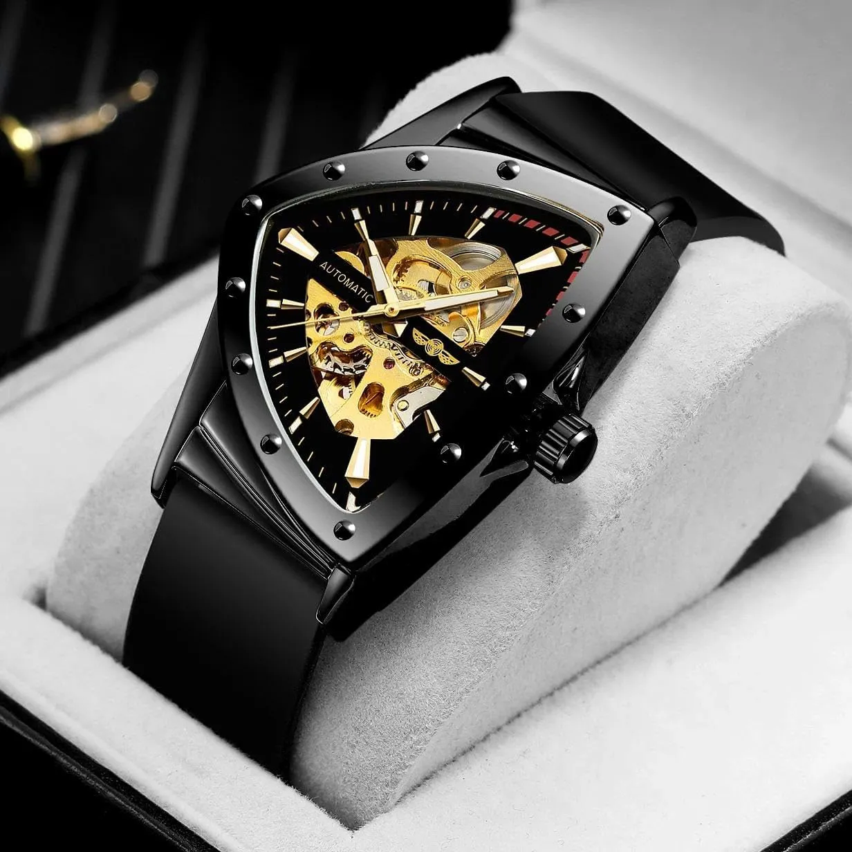 Sports Mechanical Watches Luxury Rubber Strap Luminous Triangle Skeleton newspaper picnic obscure Automatic Watch for Men Gold 