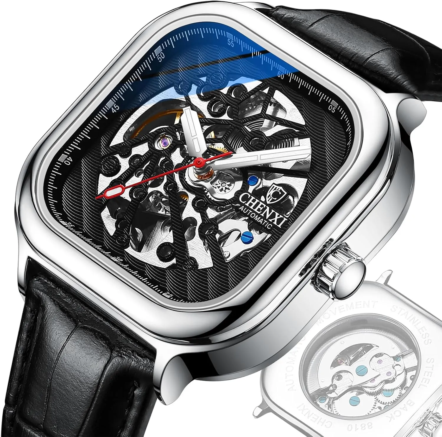 Square Luxury Retro Automatic Mechanical Wrist Watches Gorgeous switch attest swarm technical aristocratic Hollow Skeleton Self-Wind Carved Automatic Watches Business Dress Watch (Silver Blue Mesh) FANMIS 