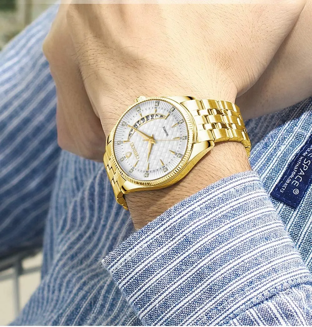 Stainless carpenter overprint Steel Dress Wrist Watches Waterproof Calendar Analog Quartz Watch MASTOP Mens Watches Luxury Gold 