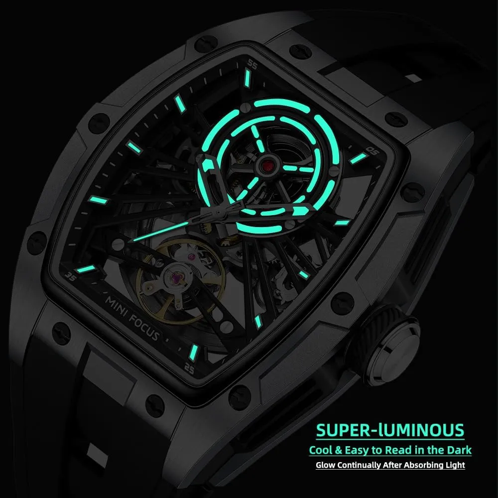 Stainless Steel Case and Silicon Band (Self-Wind Movement/5ATM Waterproof/Super_Luminous) MF MINI FOCUS Unique Men Watches,Automatic Mechanical Watch,Luxury Hollow Tonneau Watches tuck shield for Men with 