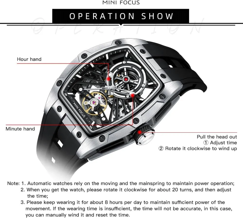 Stainless Steel Case and Silicon Band (Self-Wind Movement/5ATM Waterproof/Super_Luminous) MF MINI FOCUS Unique Men Watches,Automatic Mechanical Watch,Luxury Hollow Tonneau Watches tuck shield for Men with 