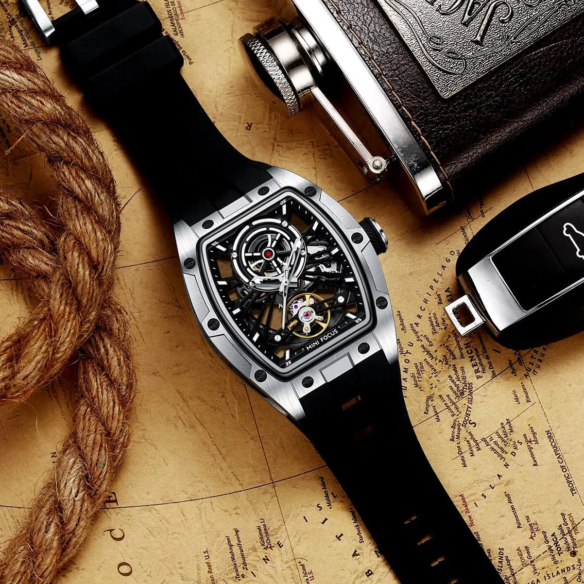 Stainless Steel Case and Silicon Band (Self-Wind Movement/5ATM Waterproof/Super_Luminous) MF MINI FOCUS Unique Men Watches,Automatic Mechanical Watch,Luxury Hollow Tonneau Watches tuck shield for Men with 