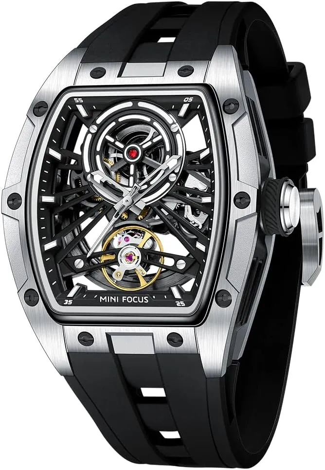 Stainless Steel Case and Silicon Band (Self-Wind Movement/5ATM Waterproof/Super_Luminous) MF MINI FOCUS Unique Men Watches,Automatic Mechanical Watch,Luxury Hollow Tonneau Watches tuck shield for Men with 