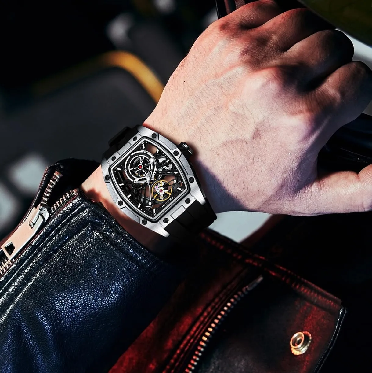 Stainless Steel Case and Silicon Band (Self-Wind Movement/5ATM Waterproof/Super_Luminous) MF MINI FOCUS Unique Men Watches,Automatic Mechanical Watch,Luxury Hollow Tonneau Watches tuck shield for Men with 