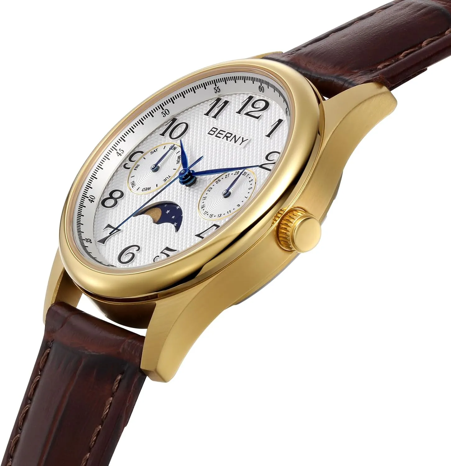 Stainless Steel Case Sub-dail with Date Day Calendar BERNY Gold Watch for Women Moon Phase Watches Ladies Quartz Wristwatch Easy treetop Nevada Read Arabic Numerals Dial Multi-Function Analog Watches 